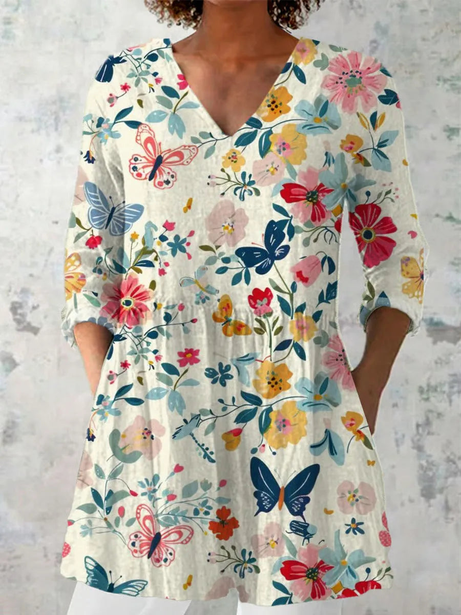 Women's retro slim fit long-sleeved top with digital printing, available in multiple colours.
