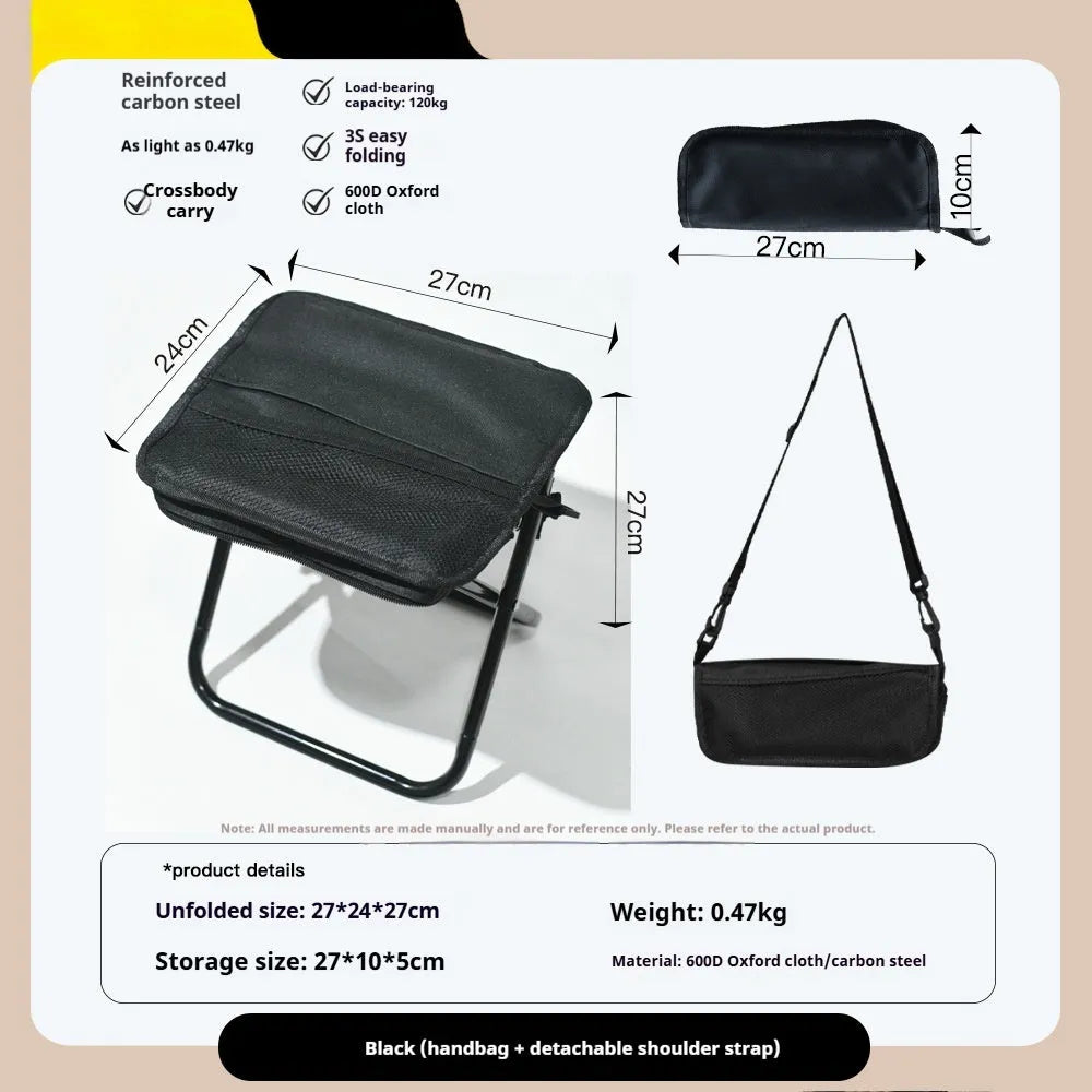 Outdoor foldable pencil box stool with Oxford cloth seat shown in khaki colour, folded and unfolded.