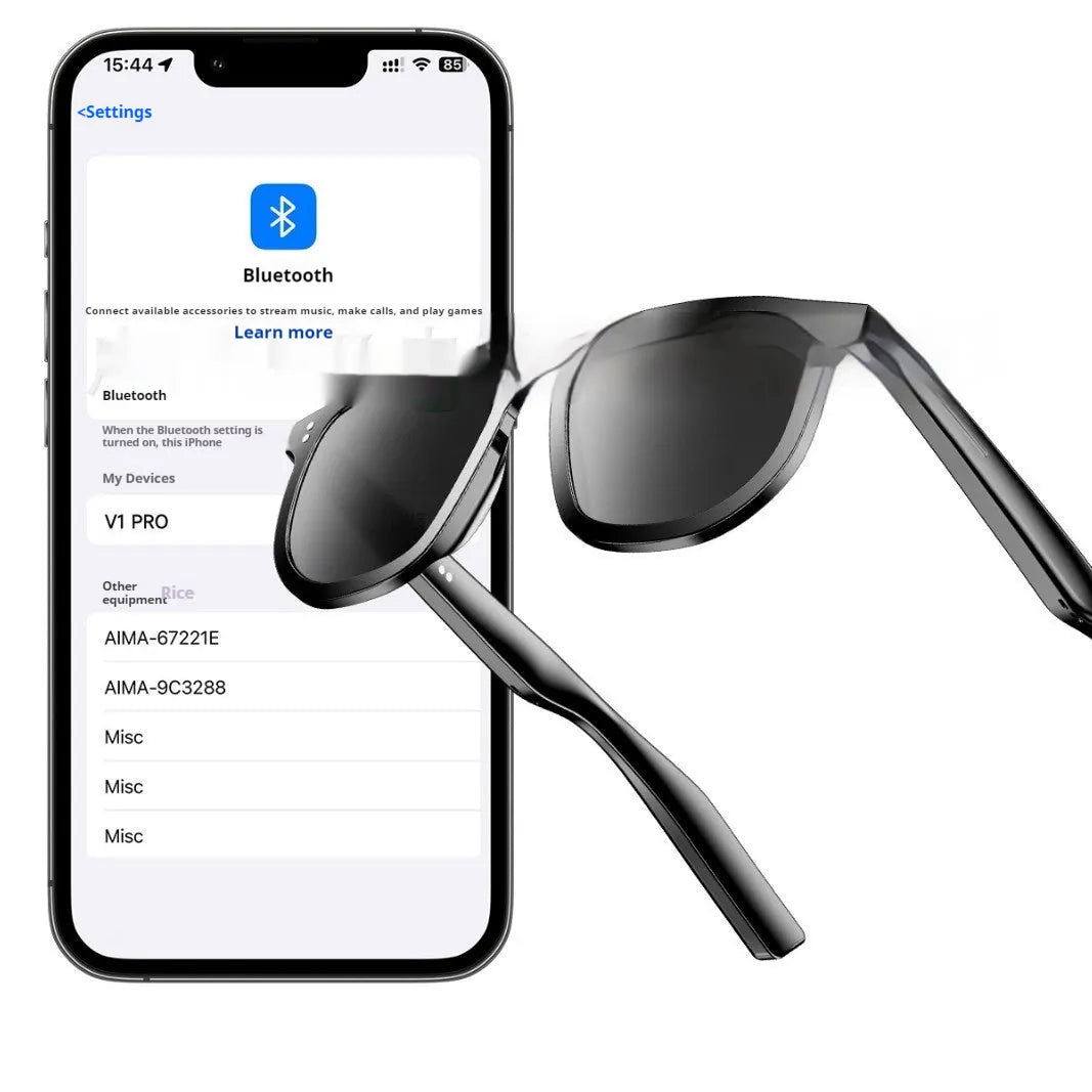 Black AI smart glasses with Bluetooth audio call functionality and UV protection sunglasses