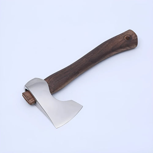 Camping axe with high carbon steel head and wooden handle showing 250mm length dimensions
