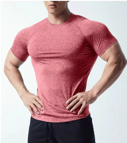 Men's tight stretch quick-drying round neck short sleeve t-shirt in chemical fibre polyester blend