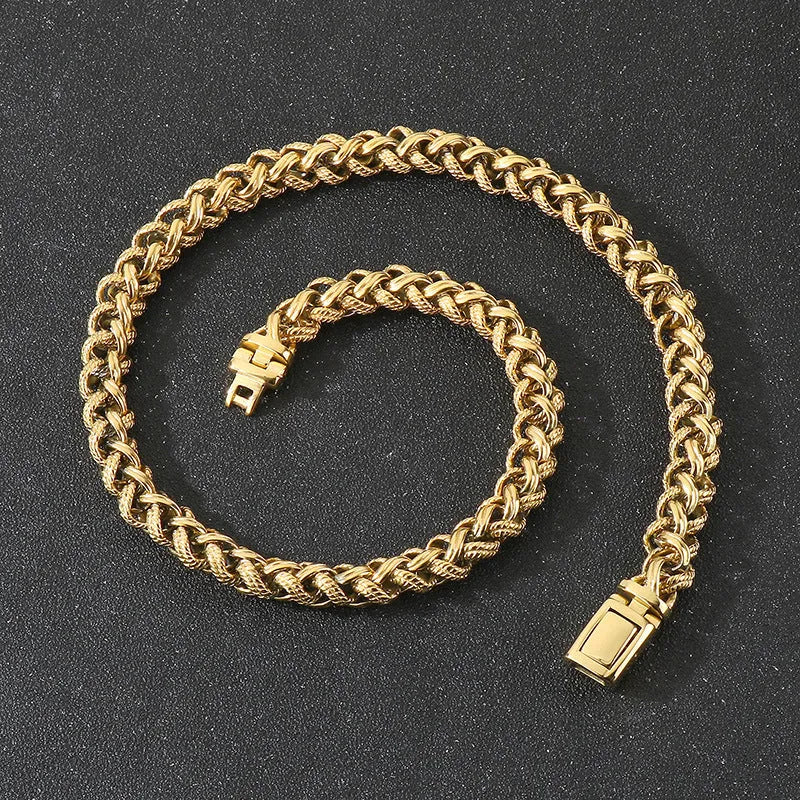 Men's titanium steel geometric keel chain necklace with large hemp flower links in antique silver finish
