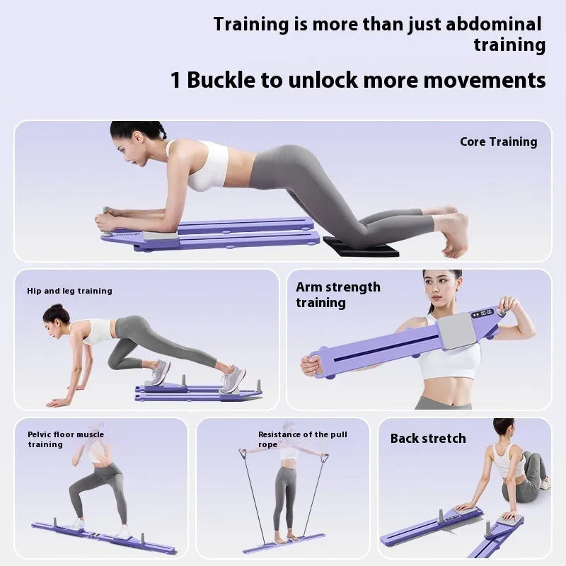 A purple split multifunctional skiing machine trainer for home fitness on a floor.