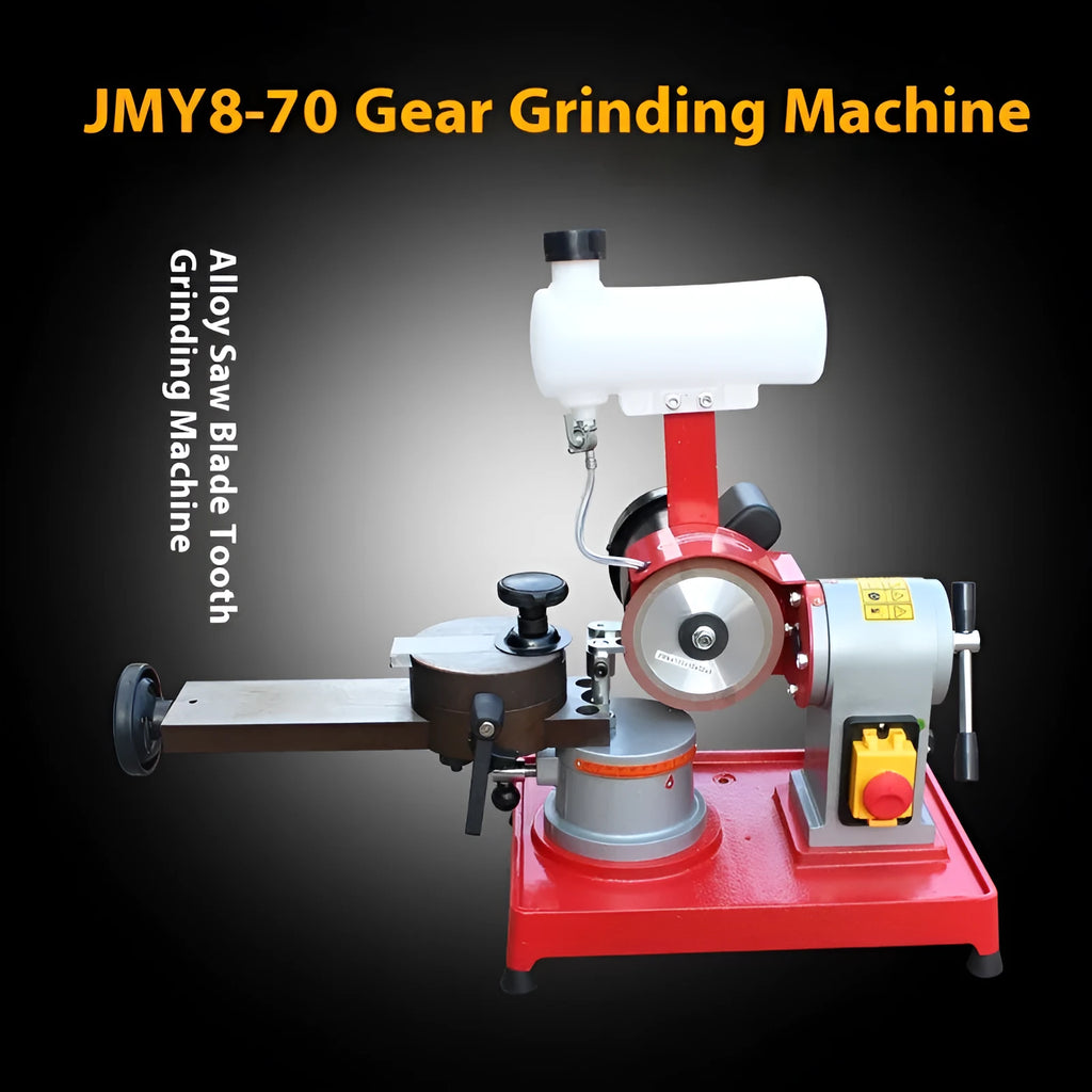 Manual sharpening machine for alloy circular saw blades on workbench with grinding wheel and adjustment controls