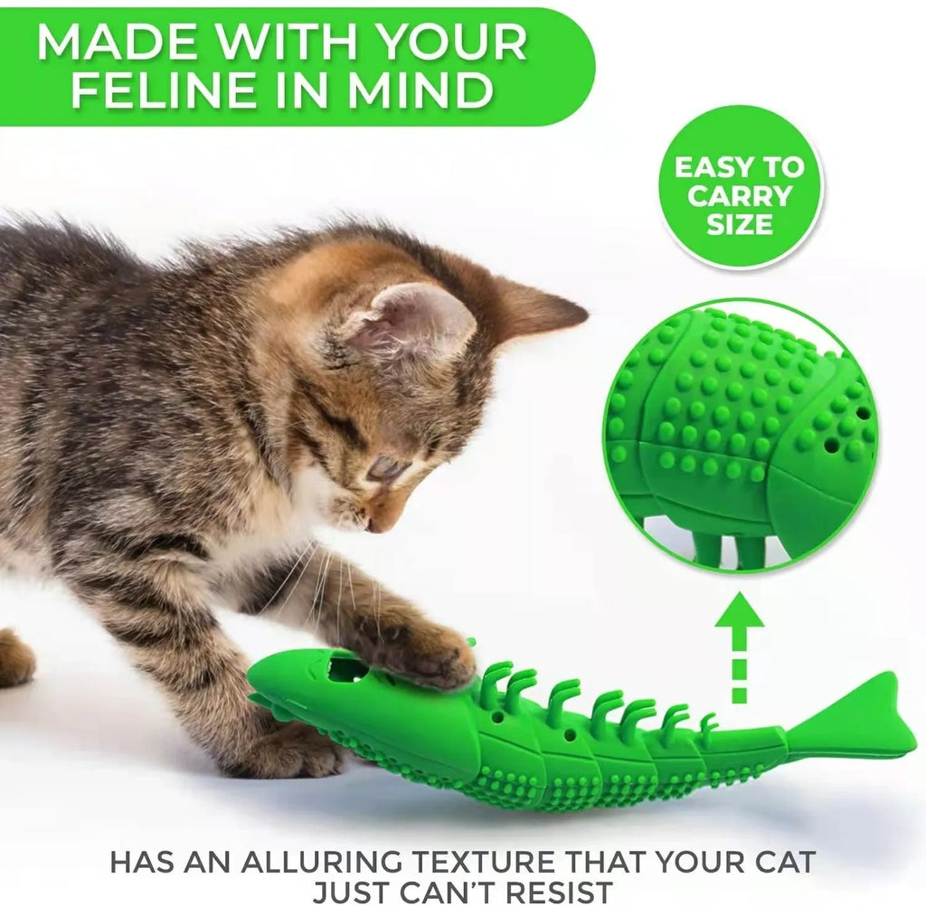Blue cat tooth cleaning toy with 360-degree design and hard rubber construction