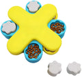 Yellow three-layer rotating dog puzzle feeder with claw-shaped lids and anti-slip rubber pads