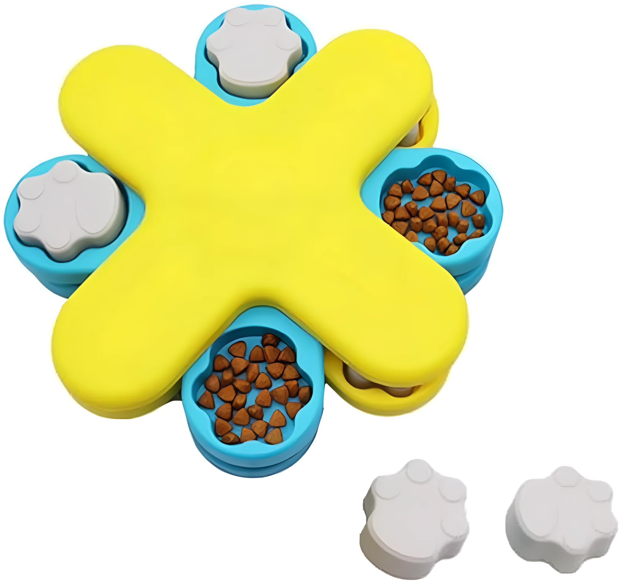 Yellow three-layer rotating dog puzzle feeder with claw-shaped lids and anti-slip rubber pads