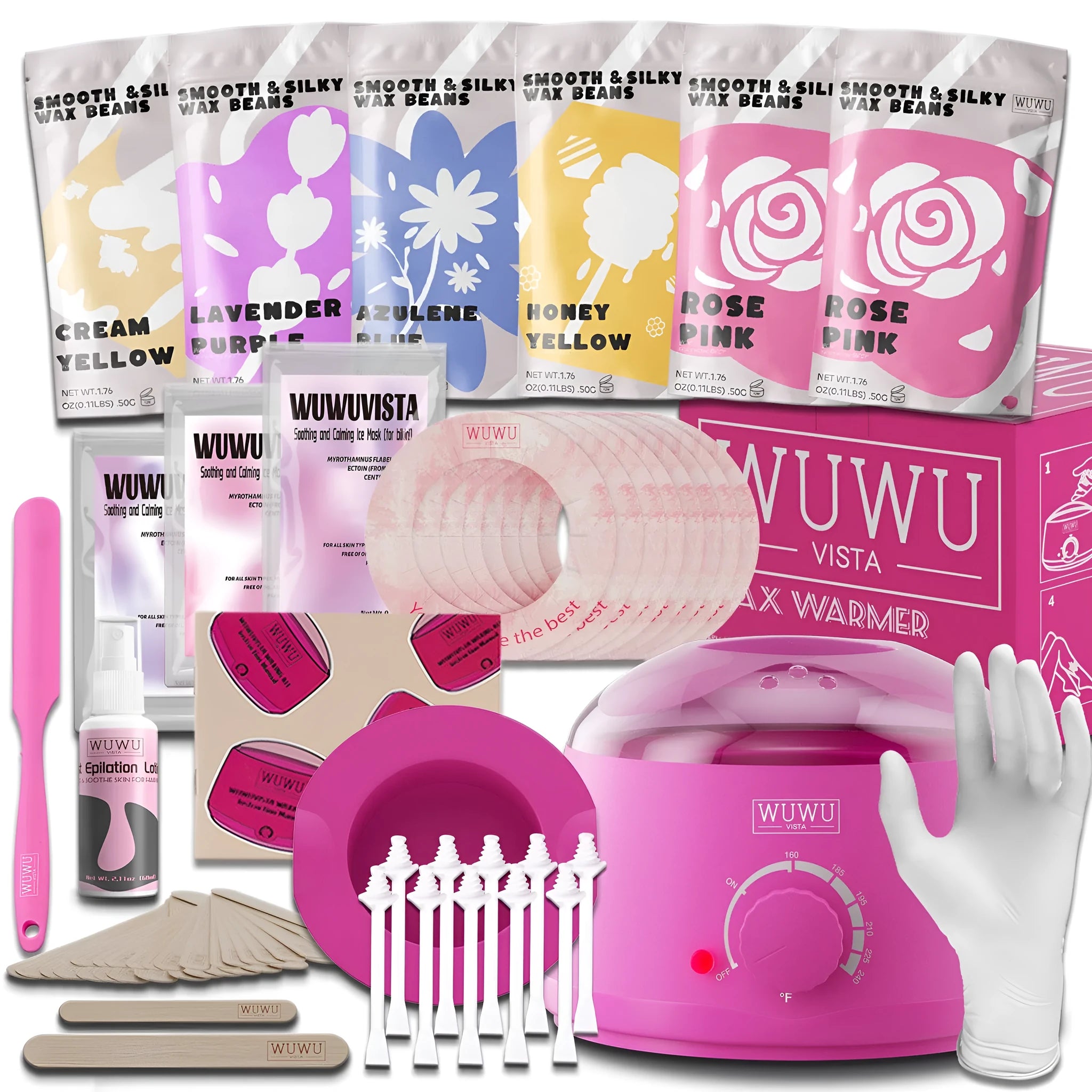 WUWUVISTA professional waxing kit with black wax warmer, coloured hard wax beads, applicators and aftercare products