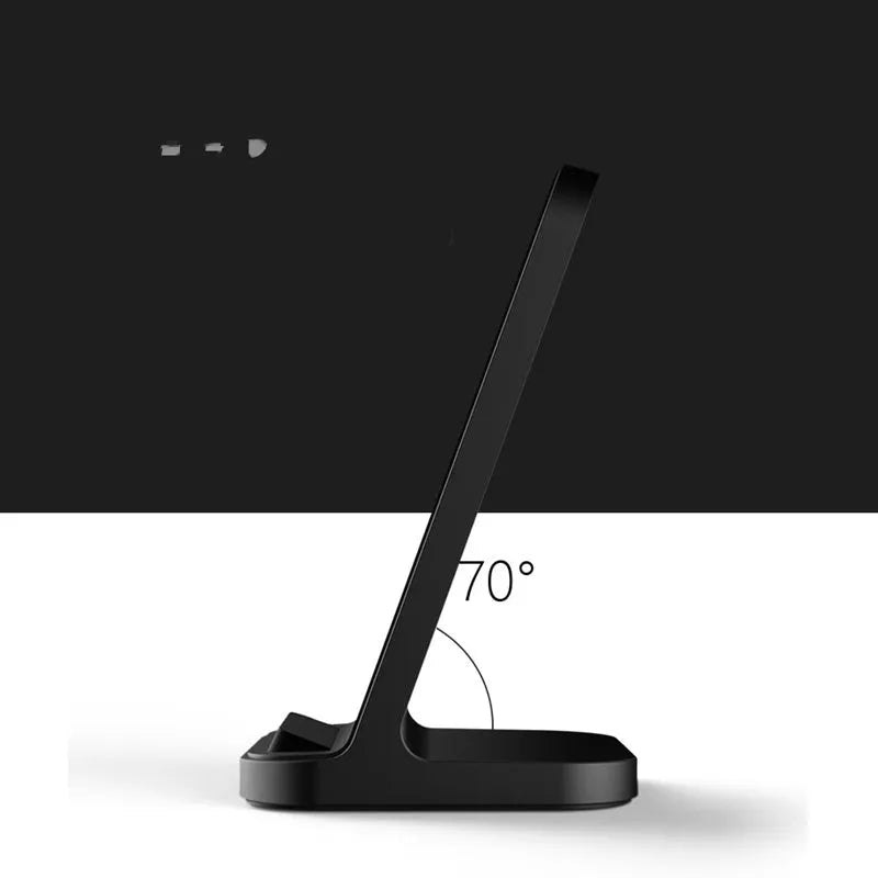 Dark grey vertical wireless charging stand for Apple iPhone smartphones on desktop