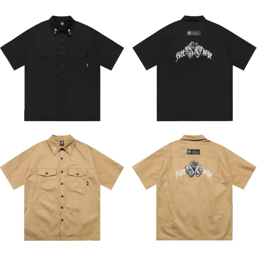 Men's black cotton blend half sleeve shirt with embroidered detail and front pockets in loose plus-size fit
