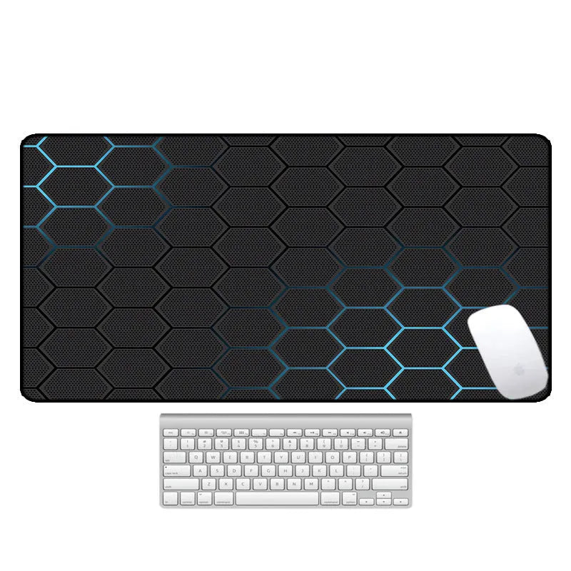 Large rectangular desk pad with printed pattern, natural rubber non-slip base, for computer mouse and keyboard.