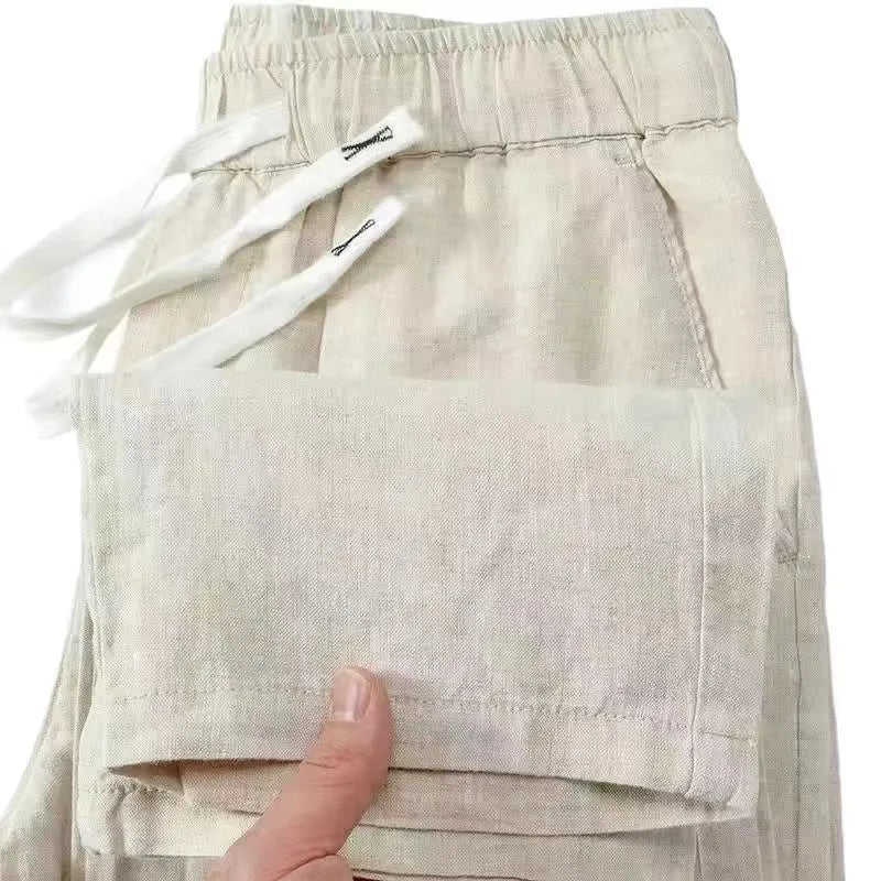 Pure linen Chinese style elastic waist trousers in straight leg design available in multiple colours