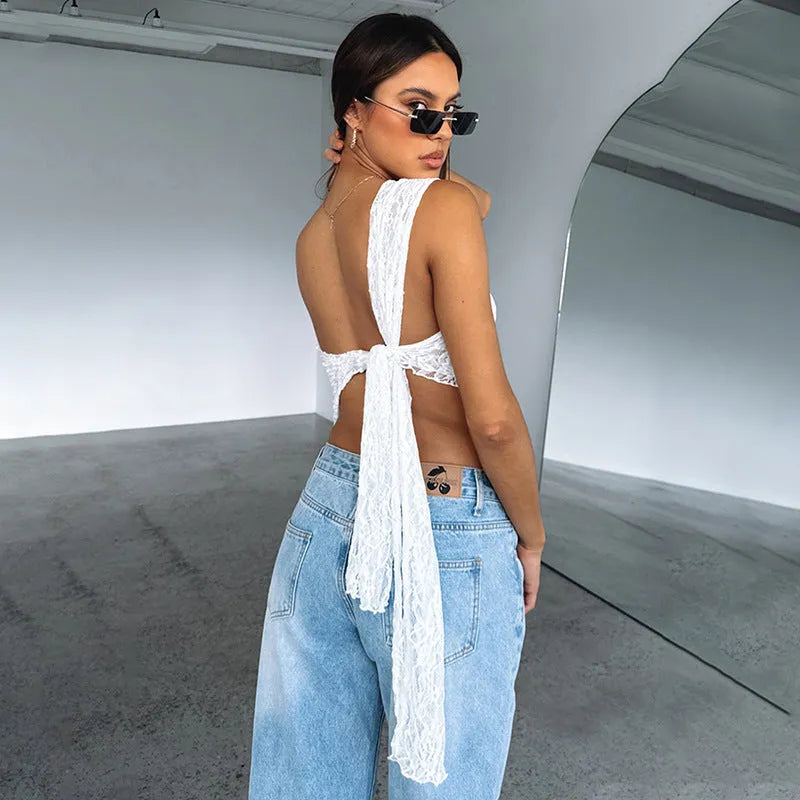 Women's slim-fit lace backless vest with an asymmetrical neckline in solid colour