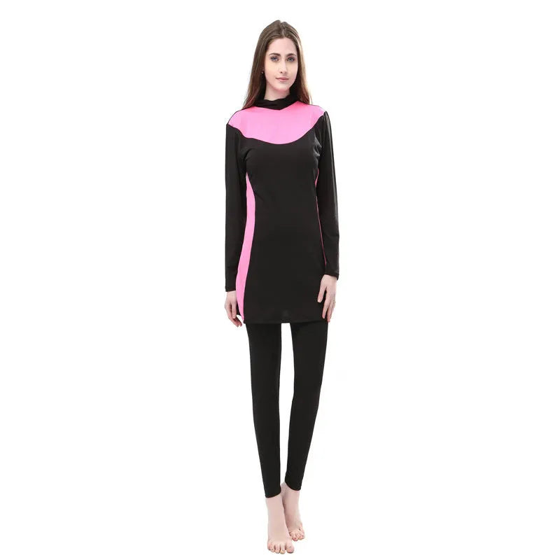 Black women's hooded long sleeve swimsuit top and pants set for swimming