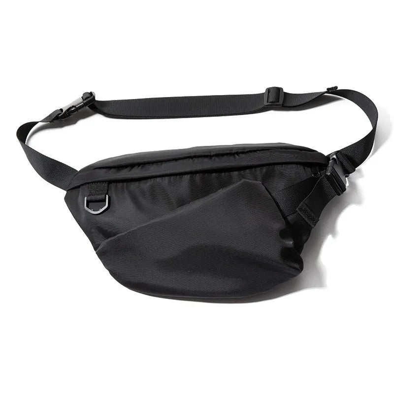 Black men's slanted chest bag made from Oxford fabric with 8-inch capacity and sewing line details