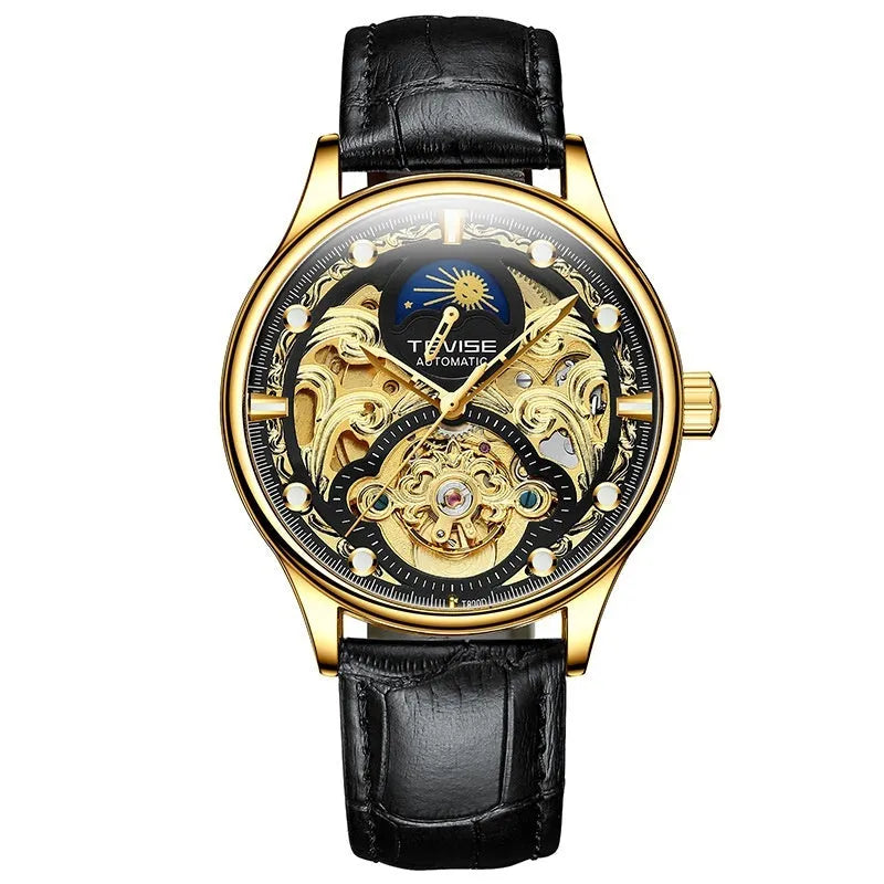 Men's gold and white leather strap waterproof automatic business watch