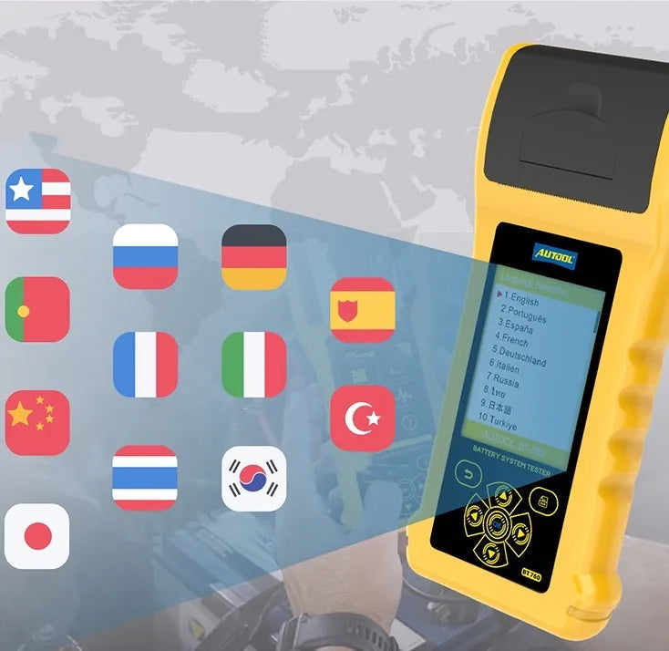 Autool BT760 vehicle battery tester with colour screen and thermal printer on a workbench
