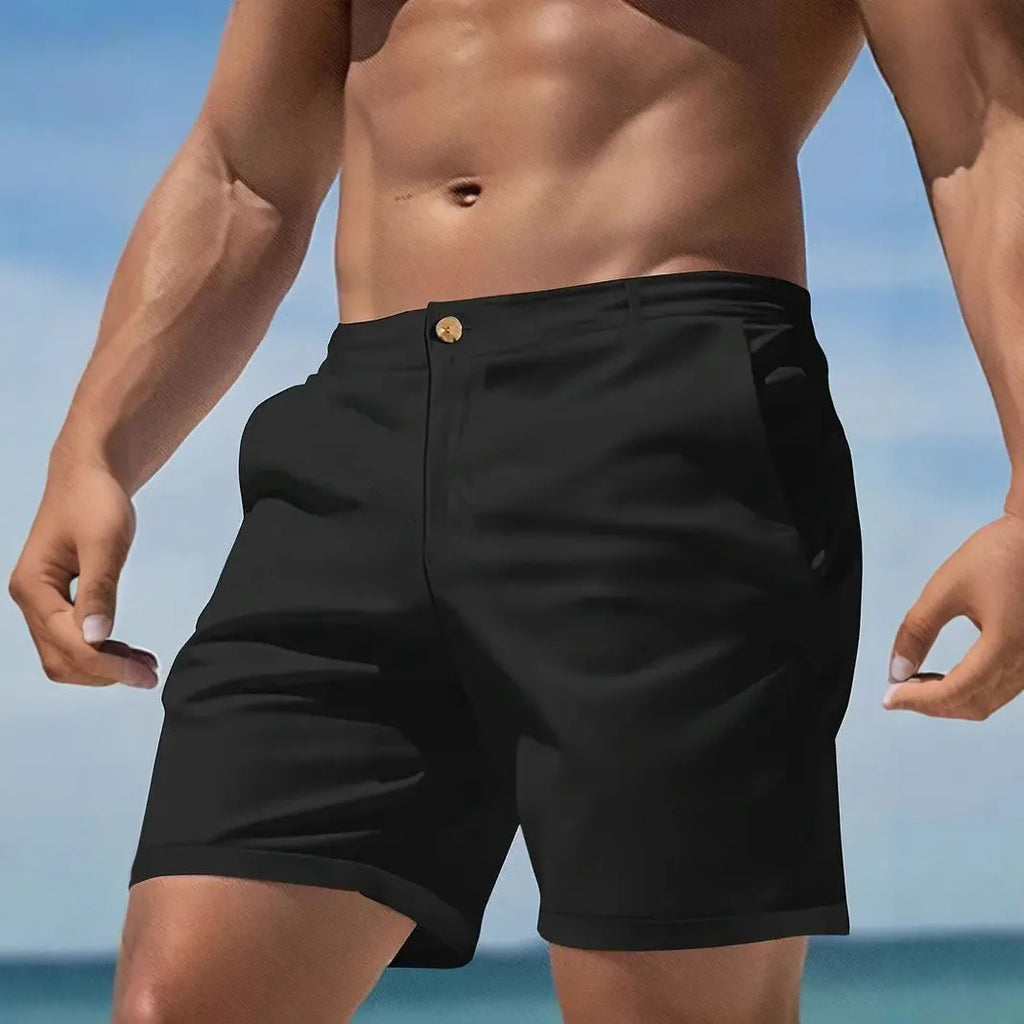 Men's straight-fit cotton blend casual shorts in solid black, shown flat.