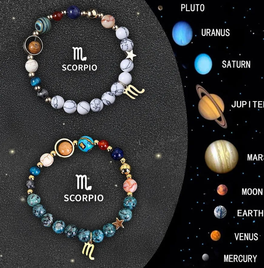 Set of twelve natural stone beaded bracelets for each zodiac sign arranged together.