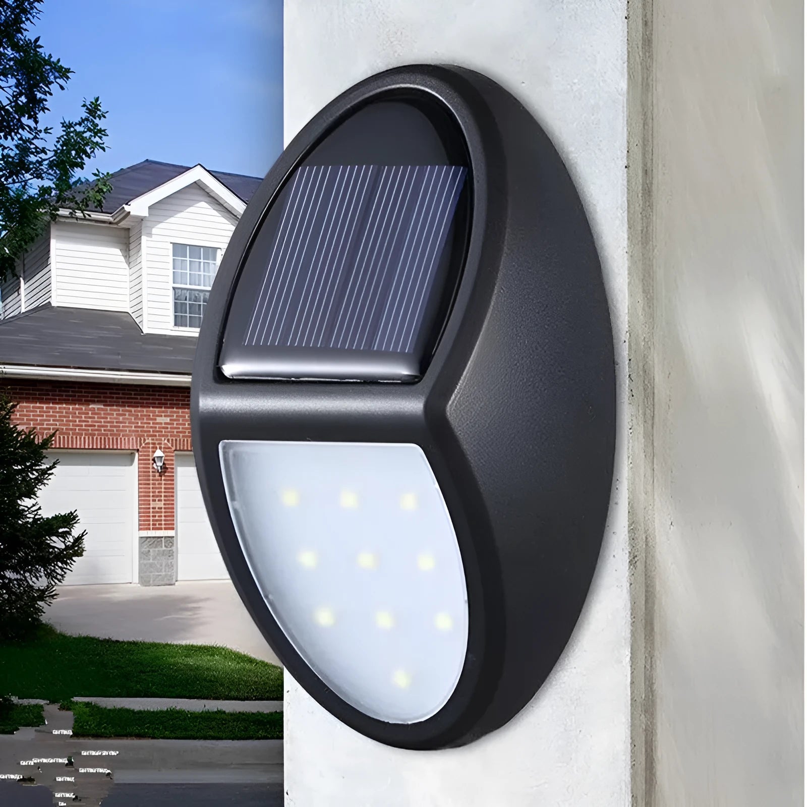 Black solar-powered LED wall light with automatic sensor measuring 75mm by 120mm