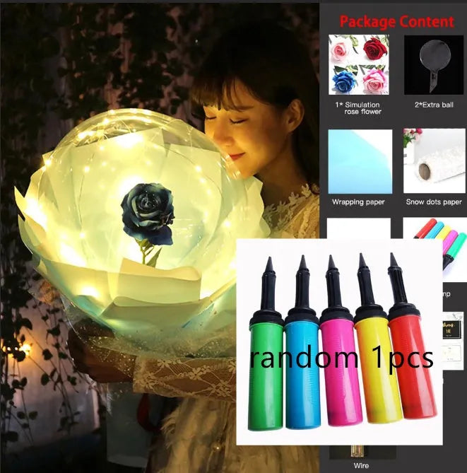Transparent LED luminous balloon bouquet with artificial rose and glowing light inside, displayed as a DIY kit.