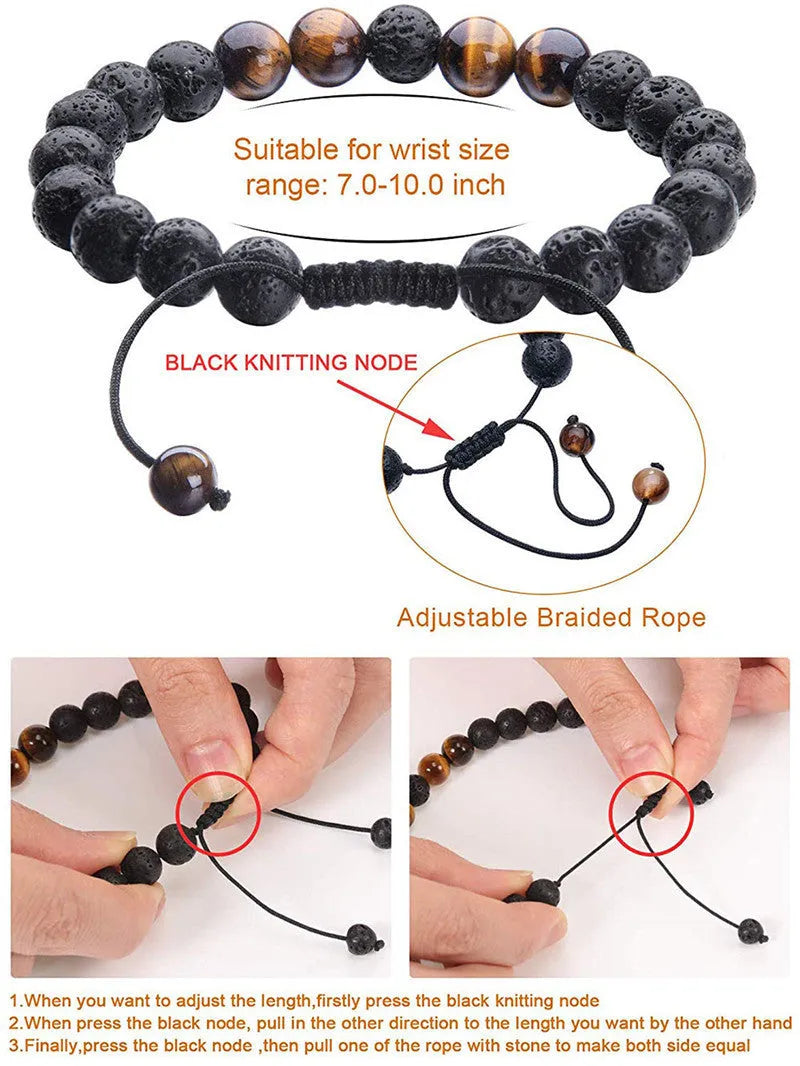 Geometric couple bracelet made of matte black agate beads with a tiger eye stone.
