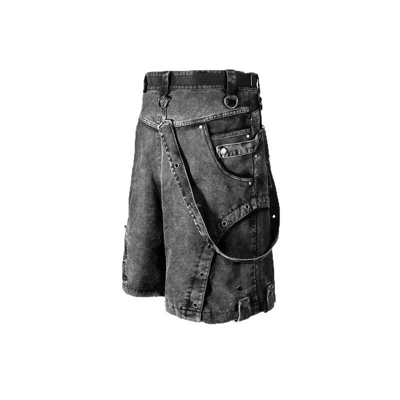 Women's retro high street loose washed denim shorts with high waist design in picture colour