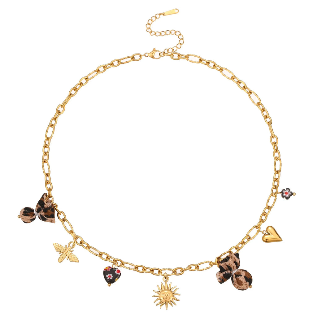 Stainless steel necklace with leopard, heart and flower pendant on adjustable 41-50cm chain