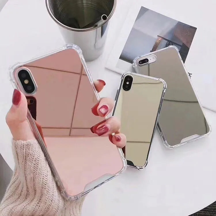 Mirror finish protective TPU case for iPhone shown in various colours.