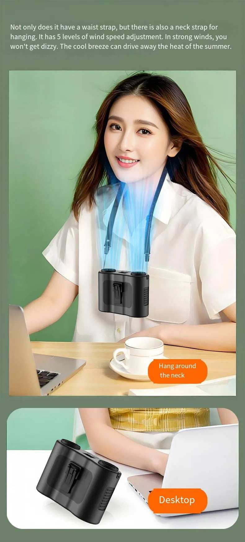 Grey waist-hung personal fan with lanyard and waist buckle, showing five-blade turbine design.