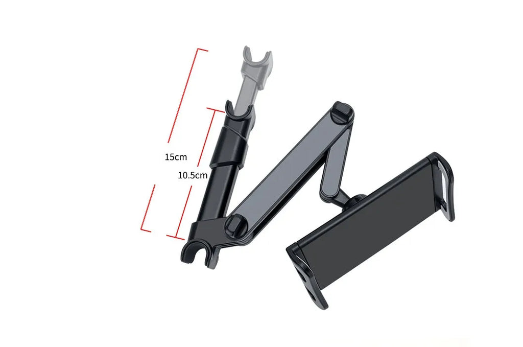 Black car headrest-mounted phone and tablet holder with universal snap-in silicone cradle.