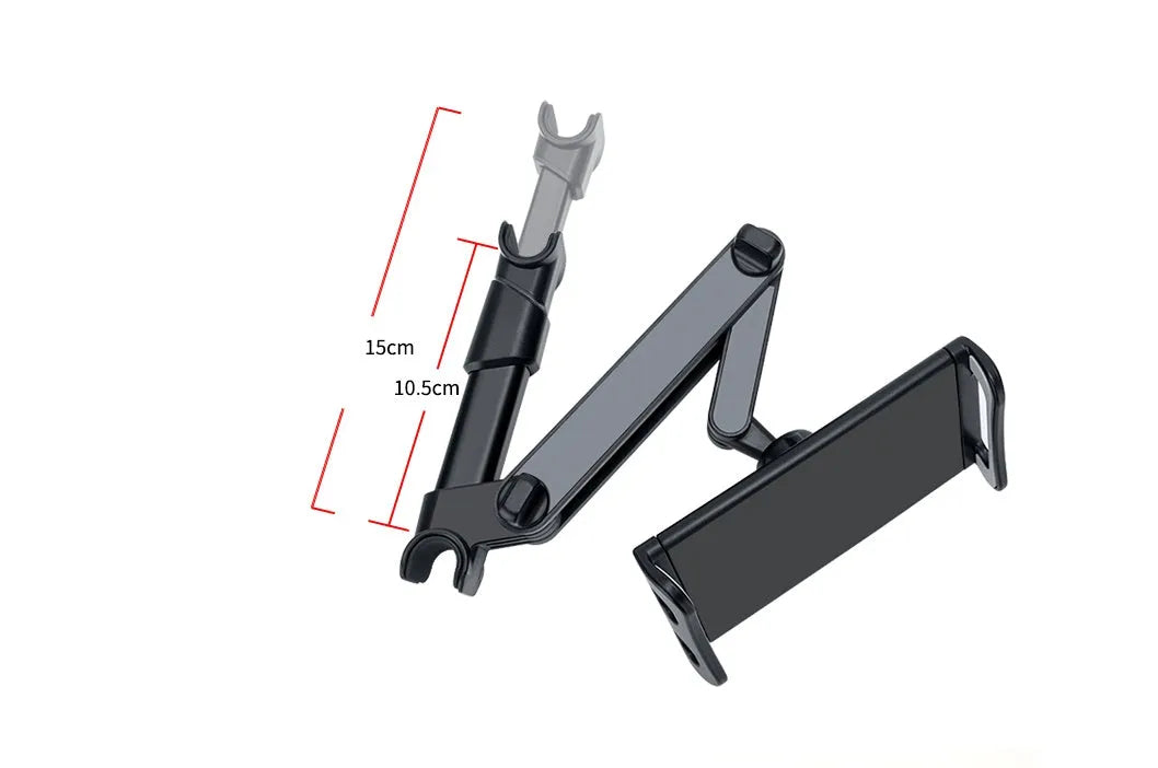 Black car headrest-mounted phone and tablet holder with universal snap-in silicone cradle.