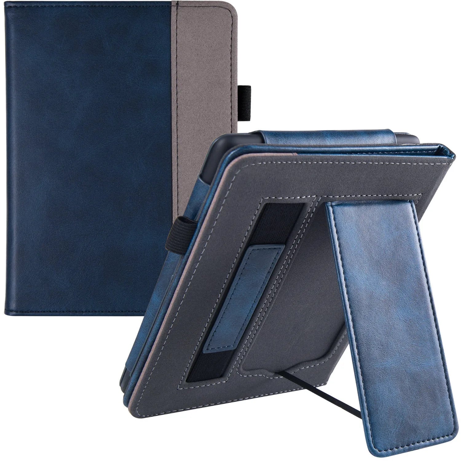 Kindle Paperwhite 5 leather case showing hand strap bracket and magnetic closure in a choice of colours and designs.