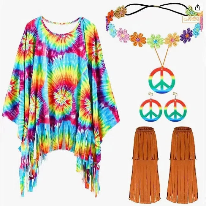 Colourful tie dye cloak costume with bell sleeves on a hanger, showing pink, rainbow, orange red, and yellow colour options.