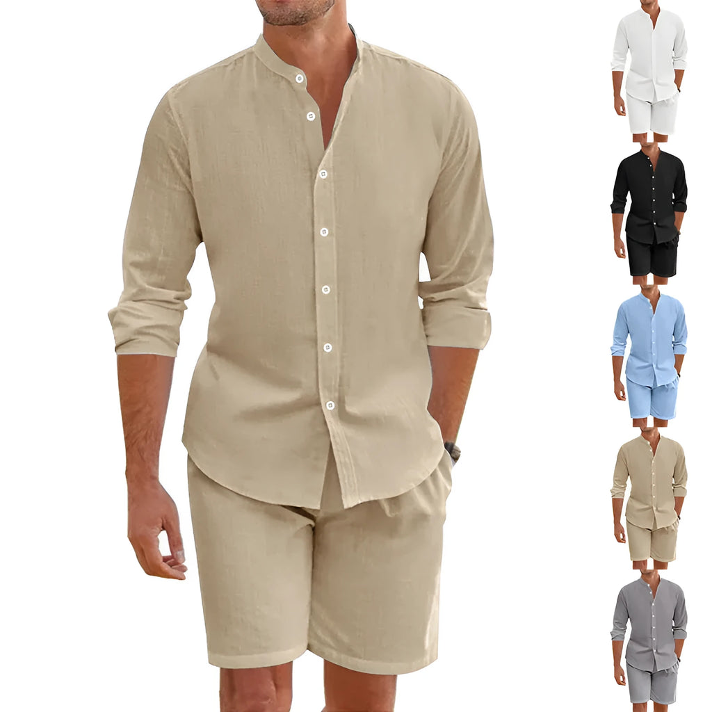 Men's dark grey linen blend summer shirt suit with lapel button-down short sleeve top and drawstring shorts