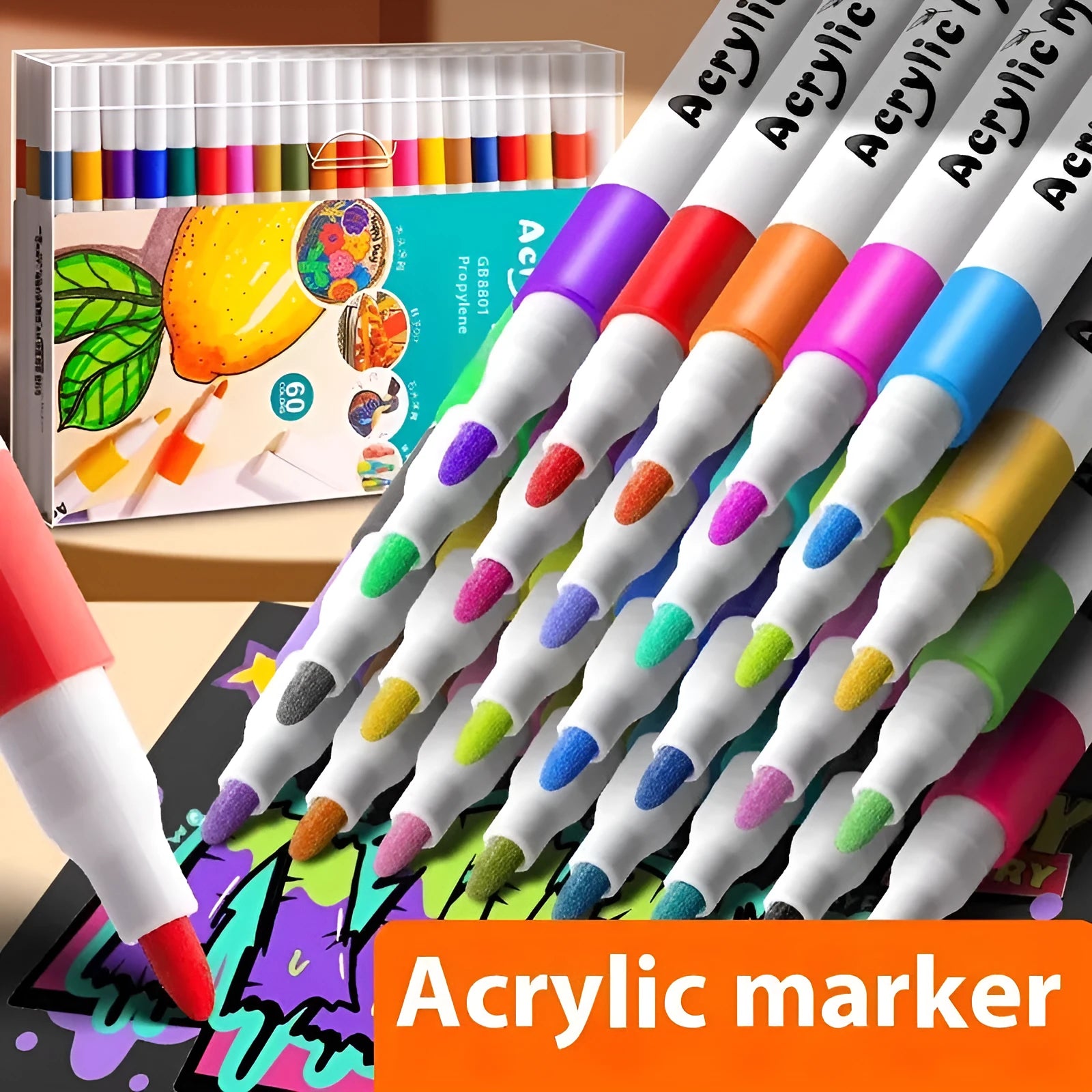 Set of acrylic marker pens in multiple colours for student art and colour painting projects