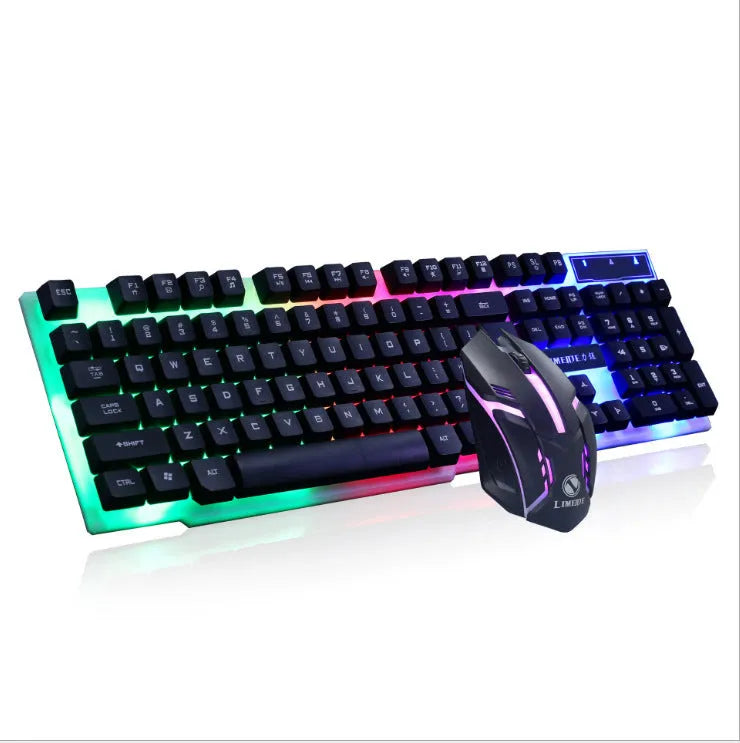 Limei GTX300 black gaming keyboard and mouse set with backlit keys on desktop