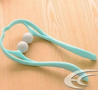 Plastic hand roller neck massager with adjustable stand and removable head in pink, blue, or green colours.