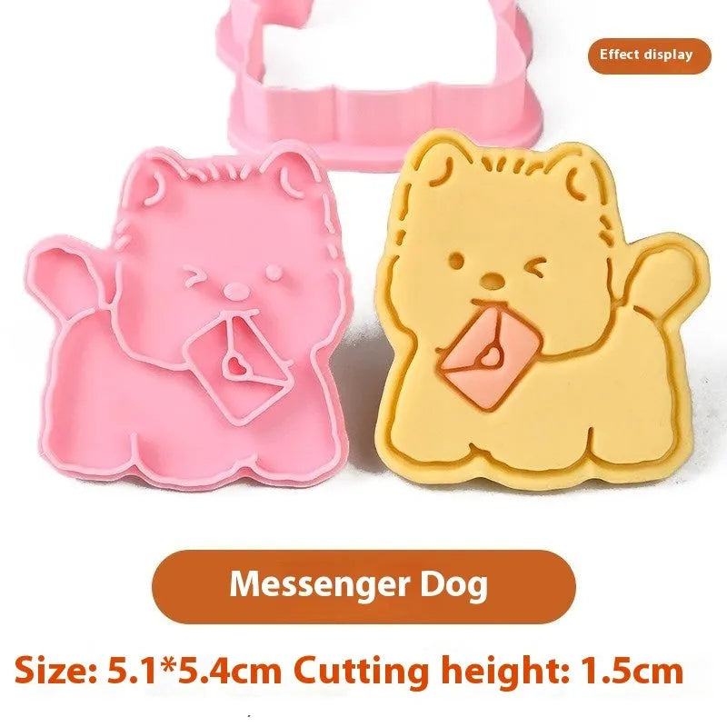 3D plastic biscuit mould with cartoon dog shapes including puppy head and birthday hat