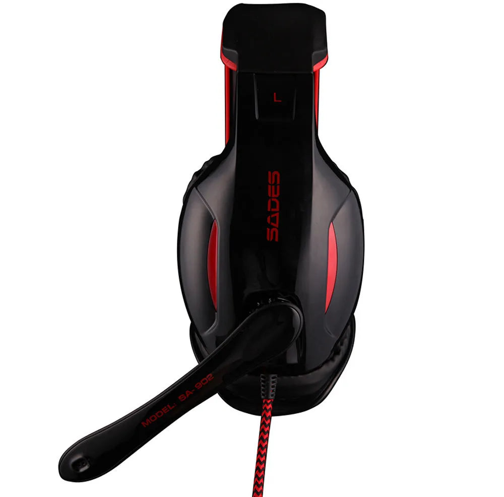 Black SADES SA902 wired USB over-ear gaming headset for PC with built-in microphone.