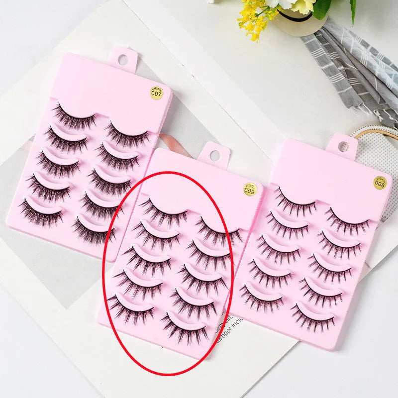 Set of five pairs of black wispy manga-style false eyelashes for anime cosplay and Korean makeup.