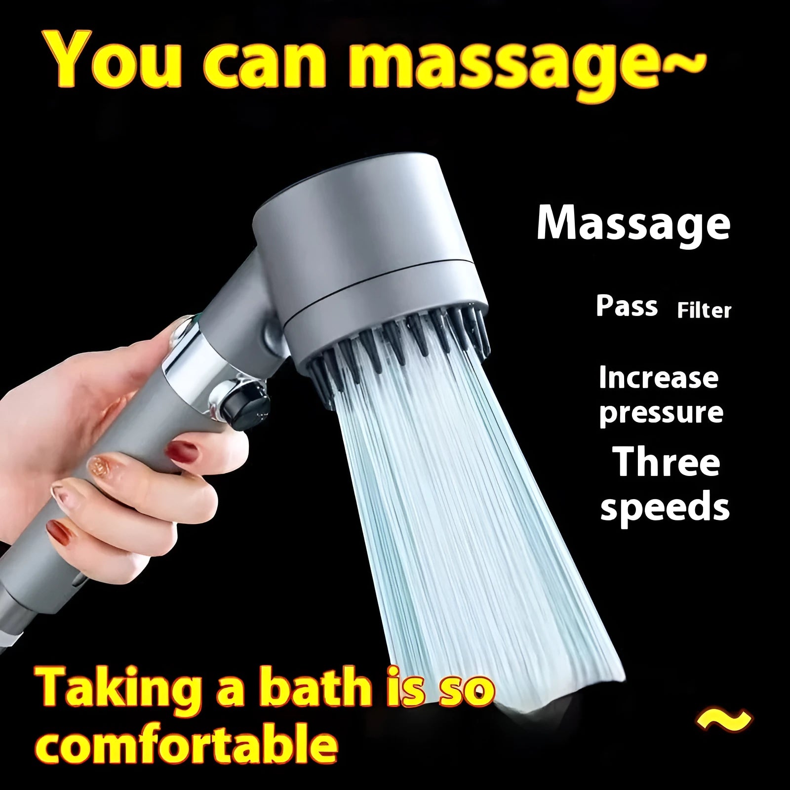 Strong Boost portable bathroom shower head with three-speed adjustment and ABS plastic body.