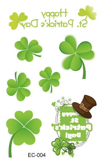 Pack of St Patrick's Day clover temporary tattoo stickers, 120mm by 75mm water transfer design.