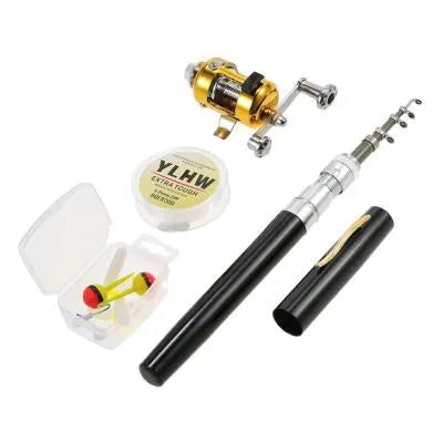 Telescopic pen fishing rod kit with aluminium case and ST5RL reel in multiple colours.