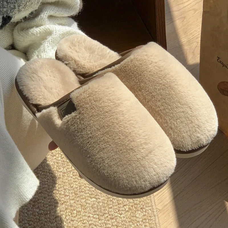 Solid colour winter plush house slippers with non-slip PVC sole in blue, brown, coffee, pink, or white