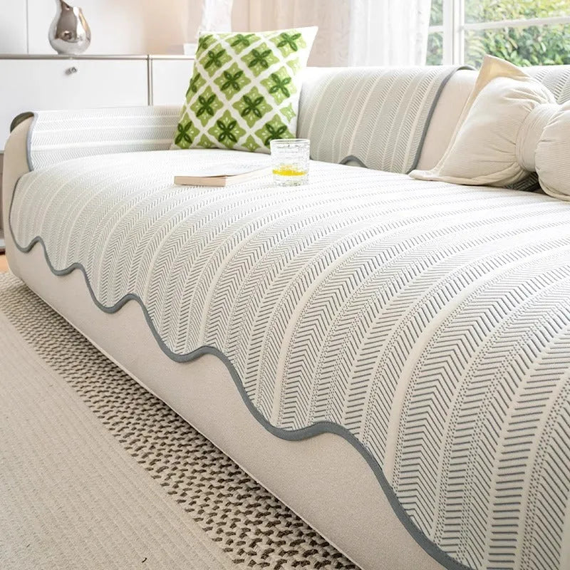 Special-shaped ice silk sofa cover with straight row mat construction and non-slip cushion in jelly green pattern