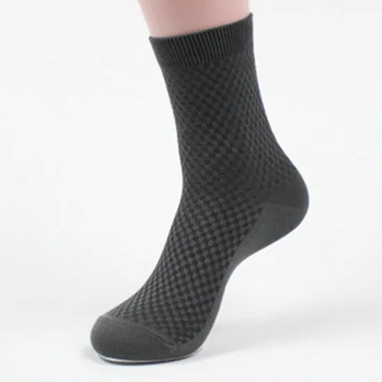Men's bamboo fibre business socks with small square pattern in five colour options.