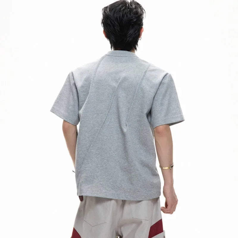 Men's black cotton T-shirt with three-dimensional pleated texture, round neck and short sleeves