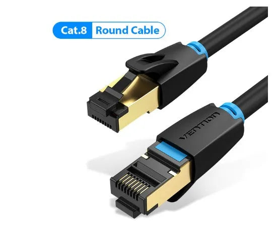 CAT8 shielded Ethernet network cable with RJ45 connectors, available in flat and round styles.