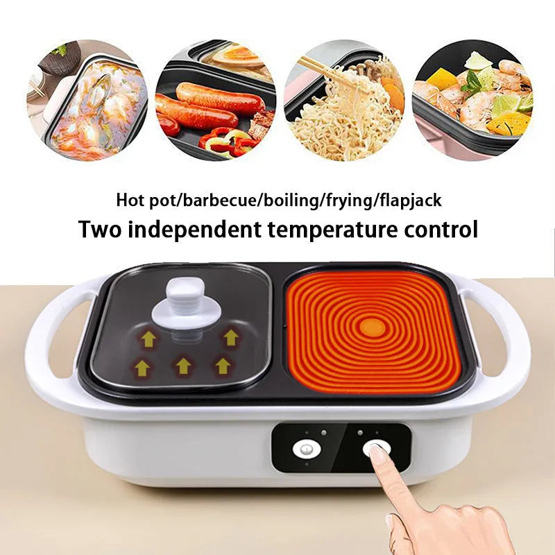 White or green dual-function electric cooking appliance serving as both hot pot and frying oven